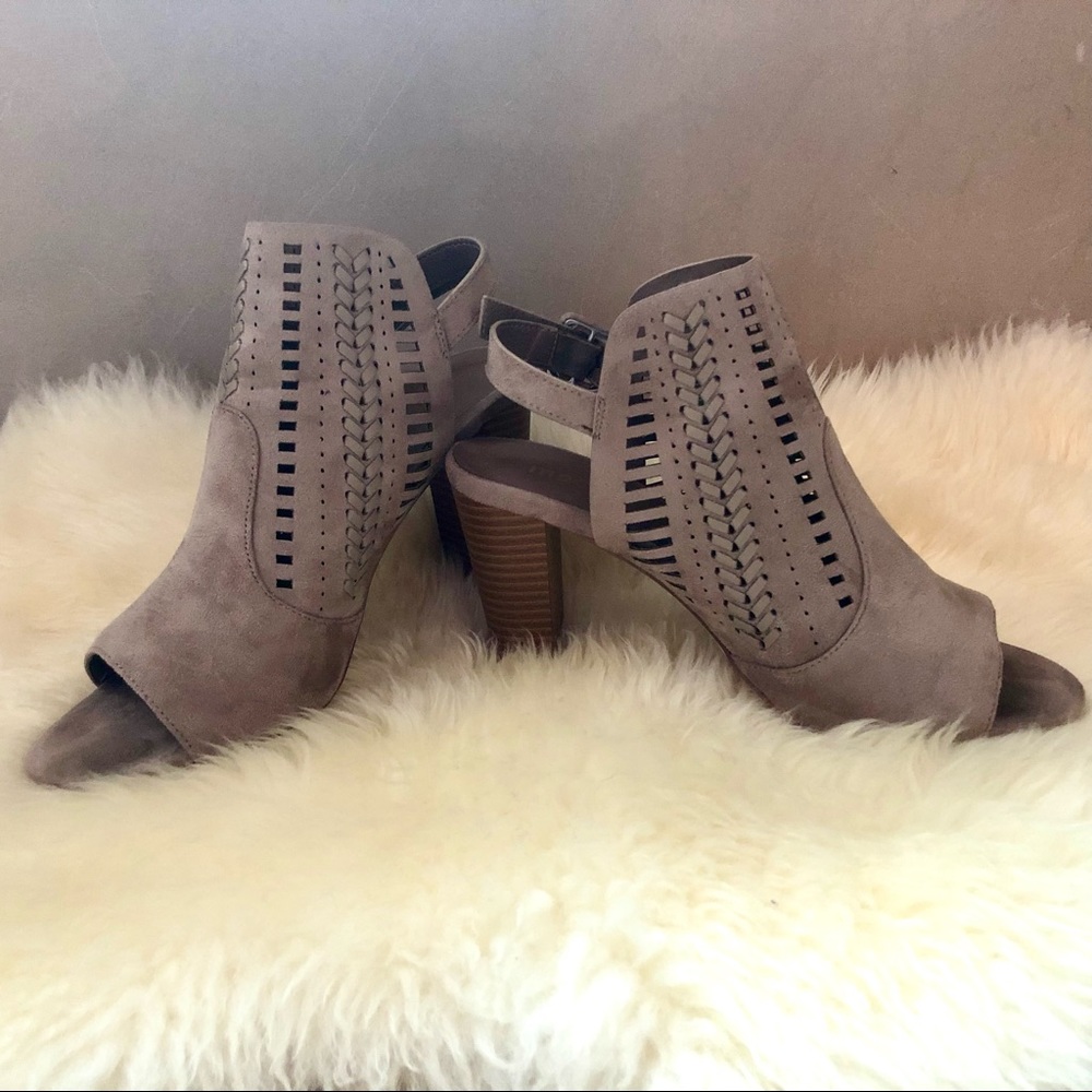 Madden Girl Gray Suede Open Toe Heels